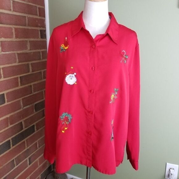 Blair Red Button down satiny Christmas Blouse SZLG - Picture 1 of 6